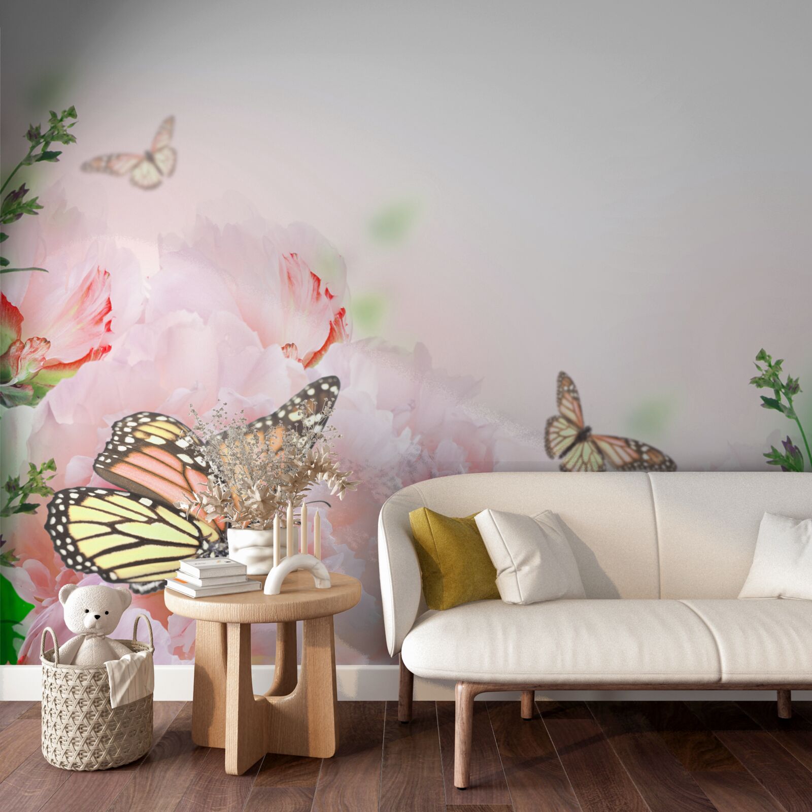 Fototapet grup de fluturi pe un fundal de flori de vară