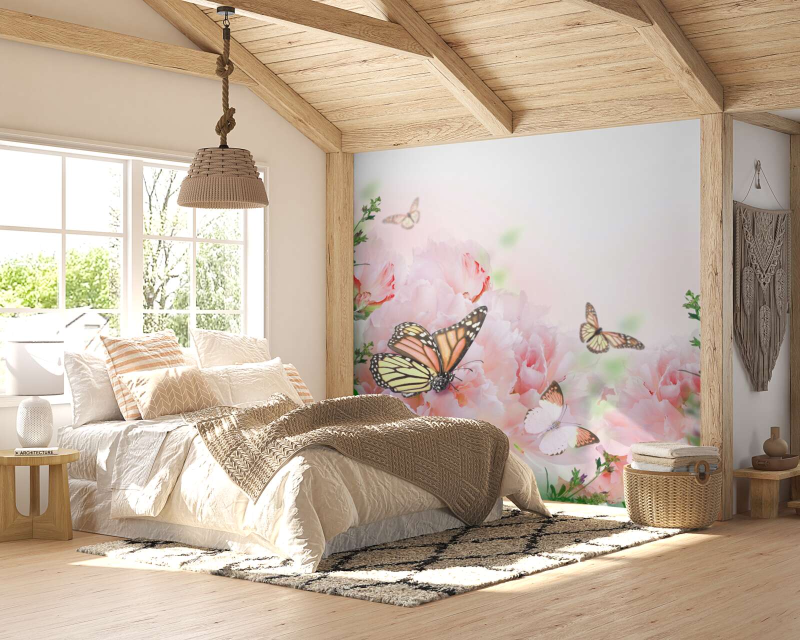 Fototapet grup de fluturi pe un fundal de flori de vară