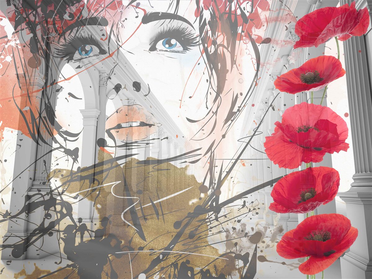 Fototapet fată pozează în fața unei arcade decorate cu flori de mac