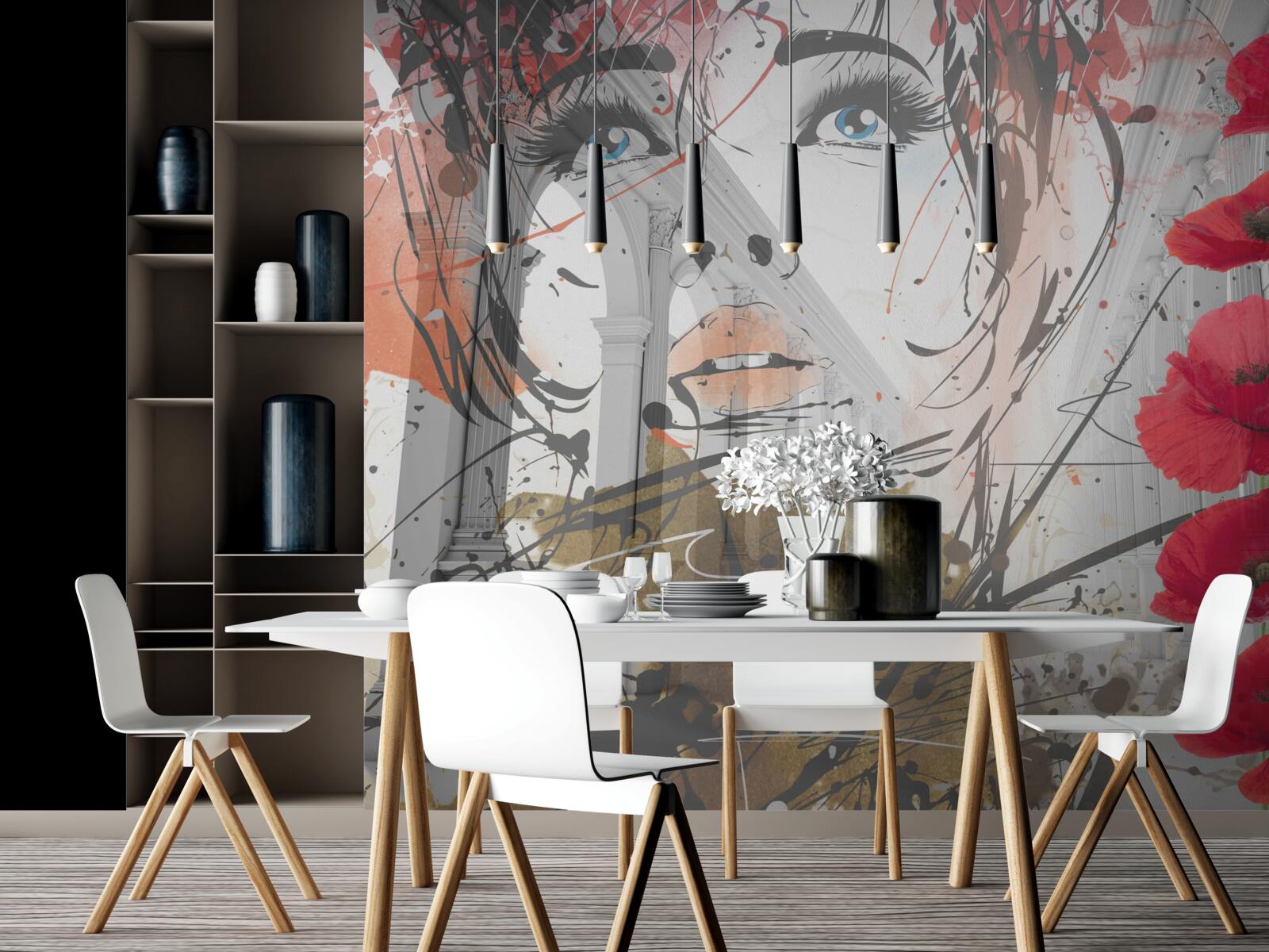 Fototapet fată pozează în fața unei arcade decorate cu flori de mac