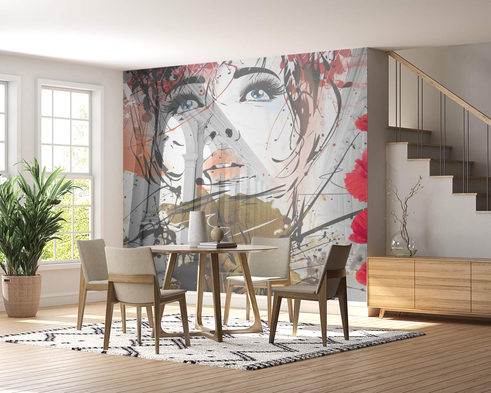 Fototapet fată pozează în fața unei arcade decorate cu flori de mac