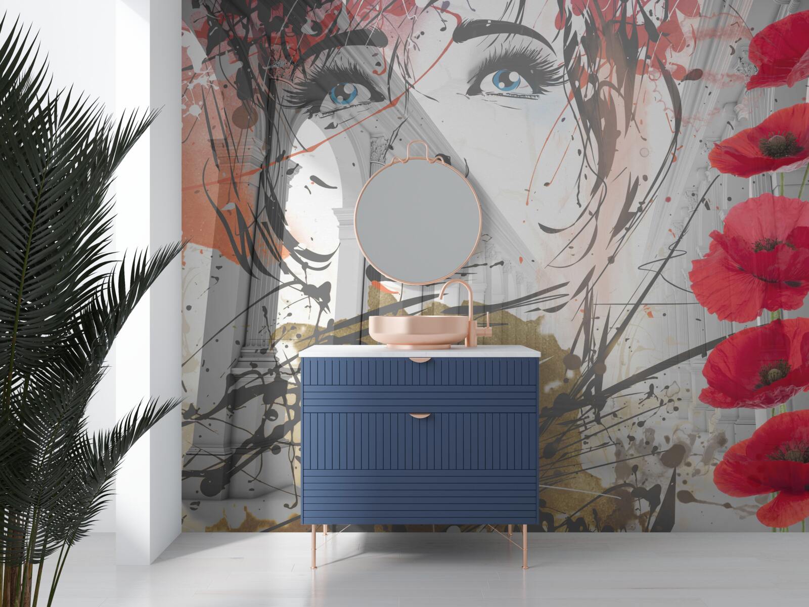 Fototapet fată pozează în fața unei arcade decorate cu flori de mac