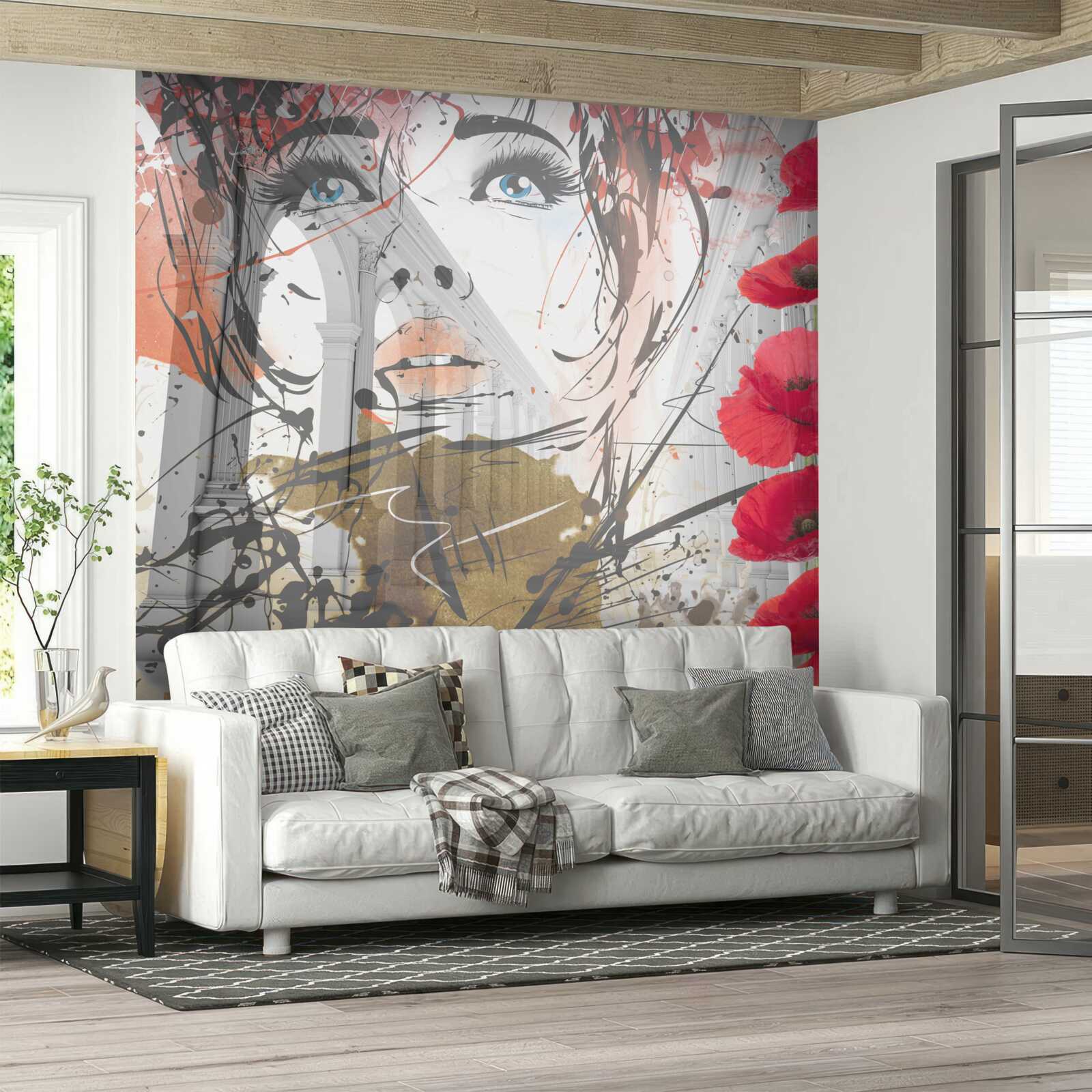 Fototapet fată pozează în fața unei arcade decorate cu flori de mac