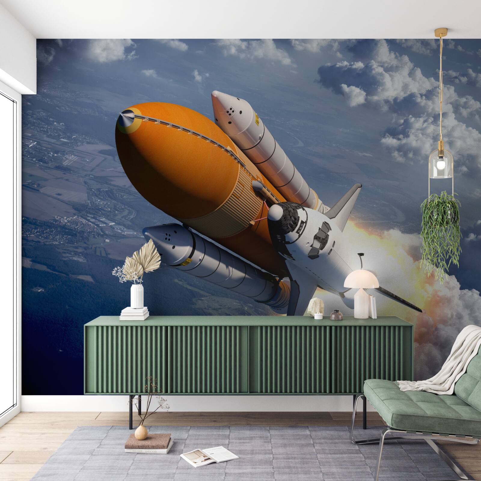 Fototapet o rachetă zboară printre nori