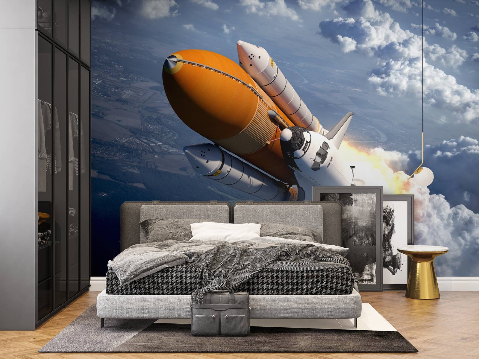 Fototapet o rachetă zboară printre nori