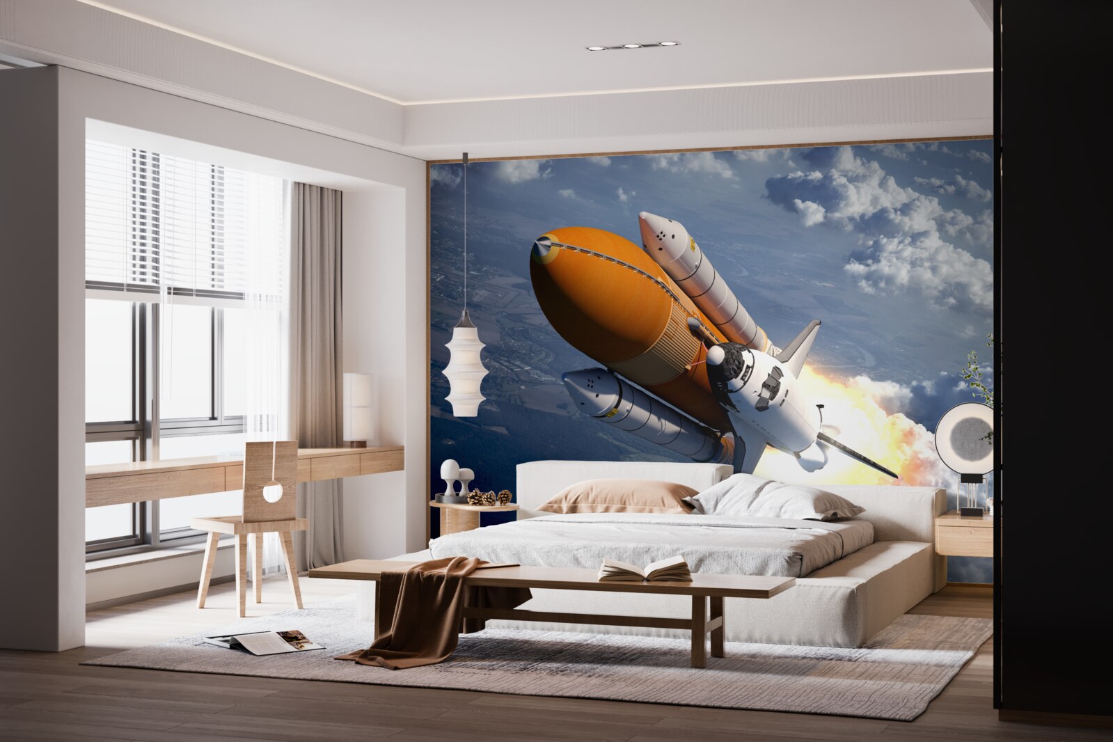 Fototapet o rachetă zboară printre nori