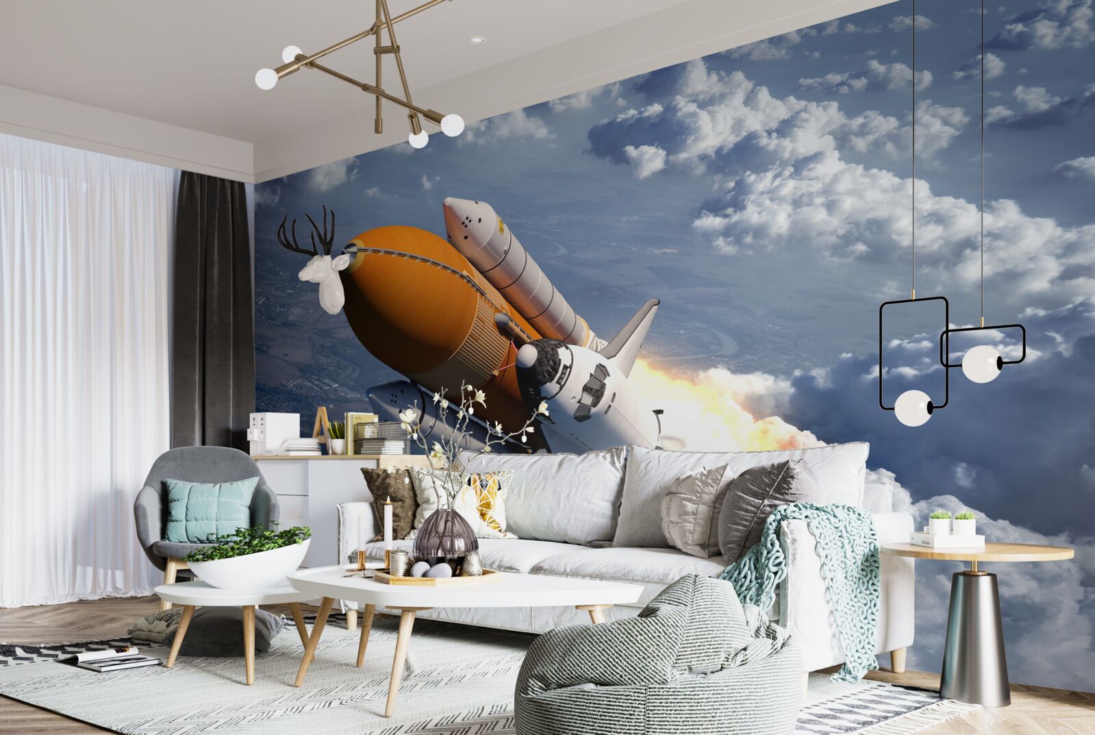 Fototapet o rachetă zboară printre nori