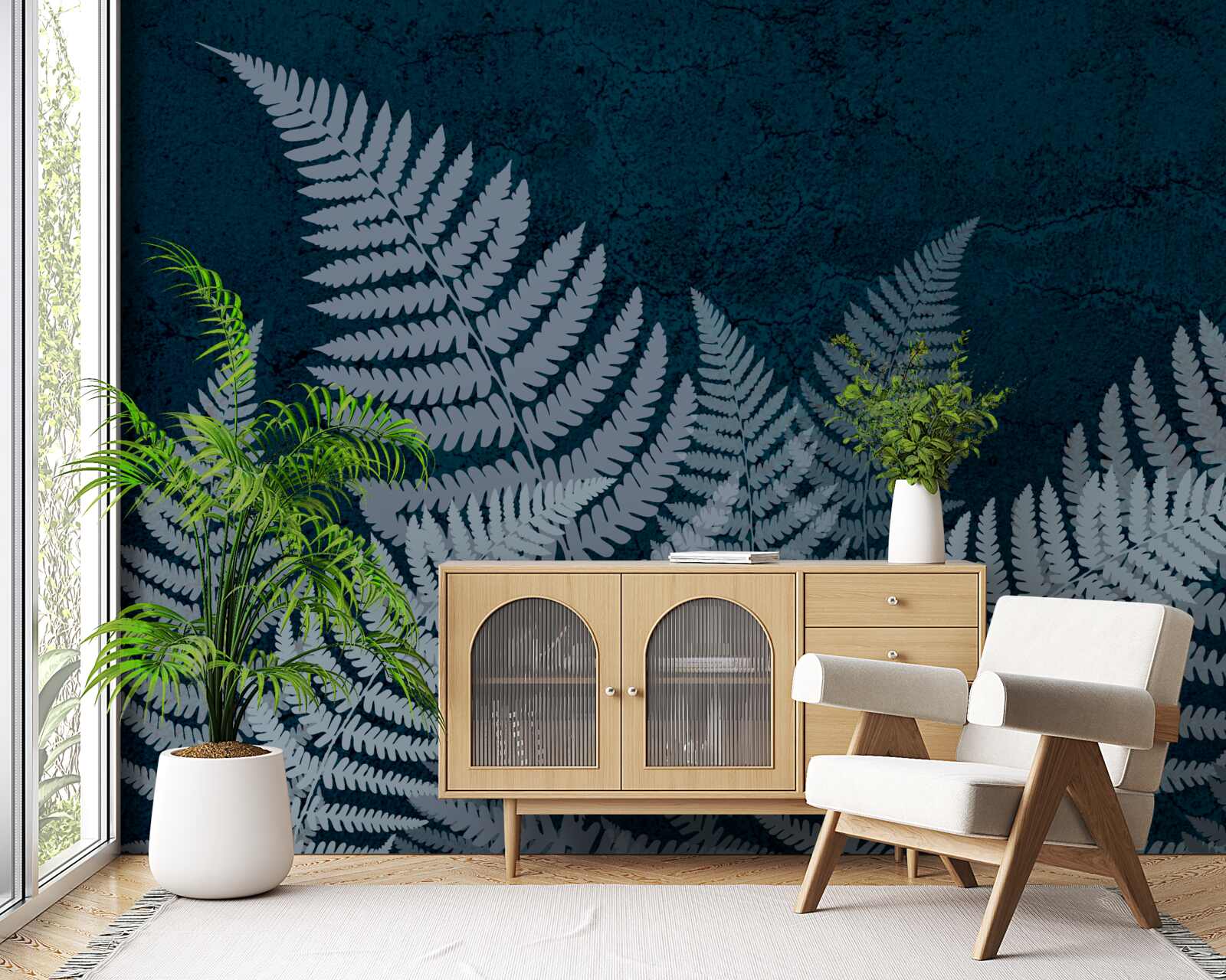 Fototapet Frunze de ferigă strălucitoare într-o noapte mohorâtă