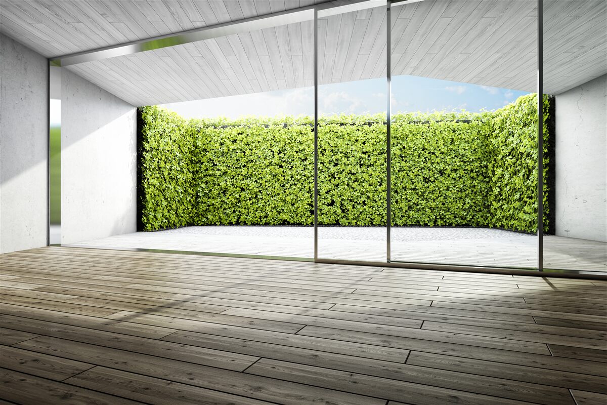 Fototapet balcon cu pereți transparenți cu vedere la grădină