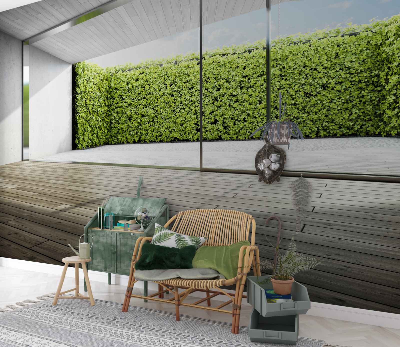 Fototapet balcon cu pereți transparenți cu vedere la grădină