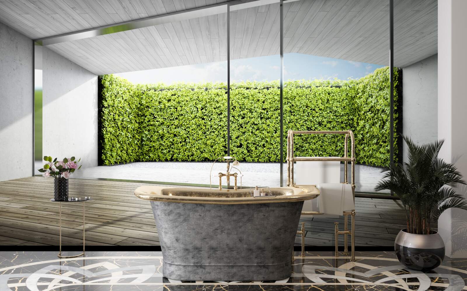 Fototapet balcon cu pereți transparenți cu vedere la grădină