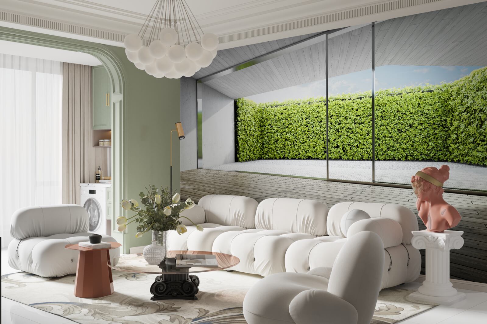 Fototapet balcon cu pereți transparenți cu vedere la grădină