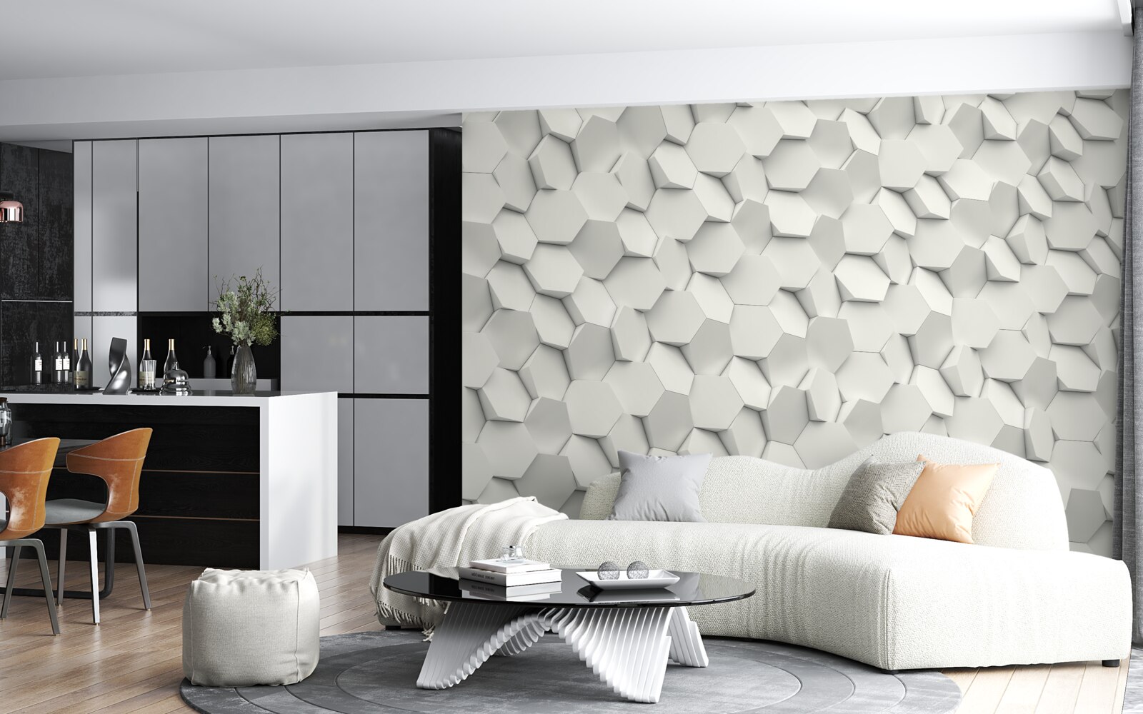 Fototapet hexagoane albe și gri cu volum