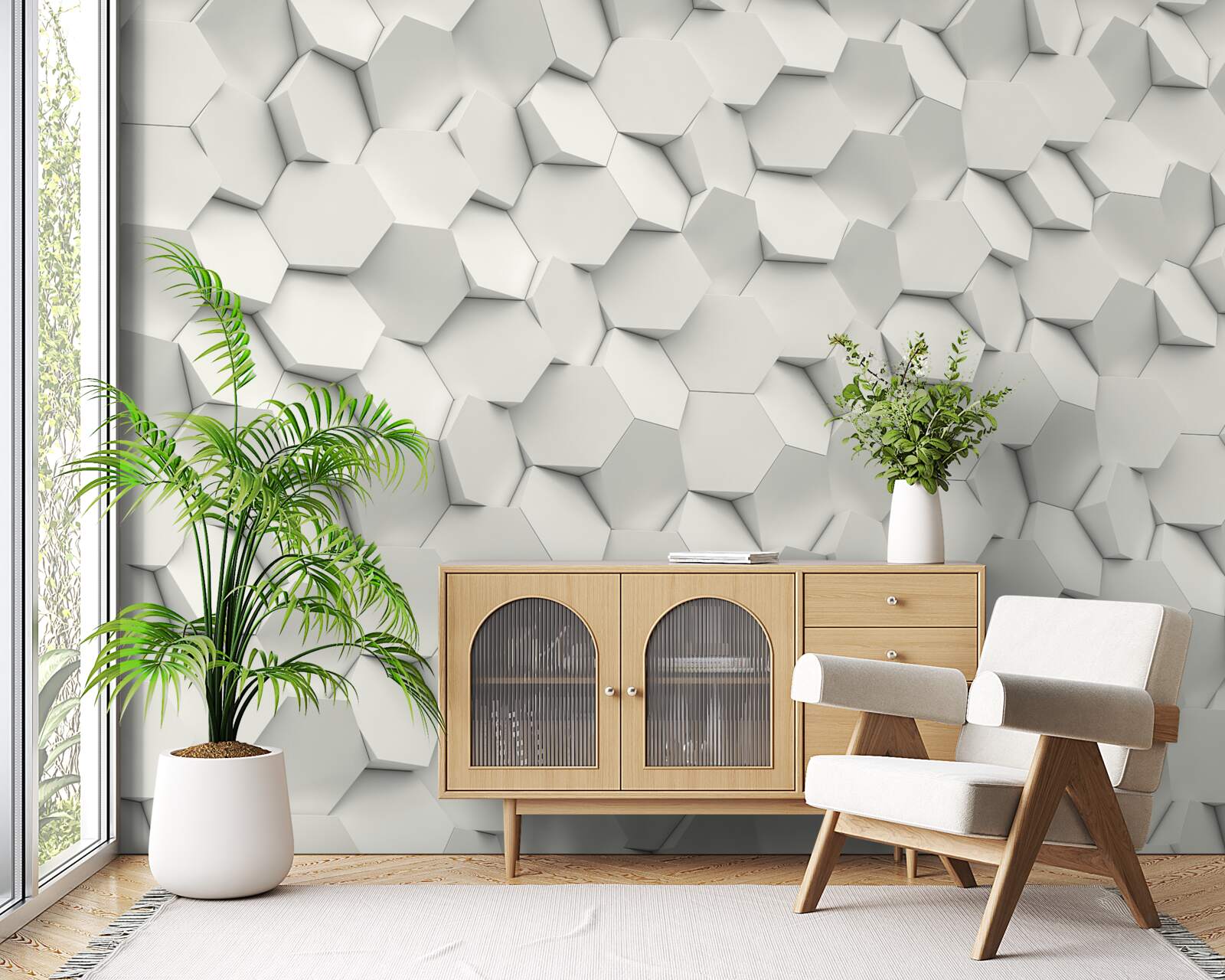 Fototapet hexagoane albe și gri cu volum