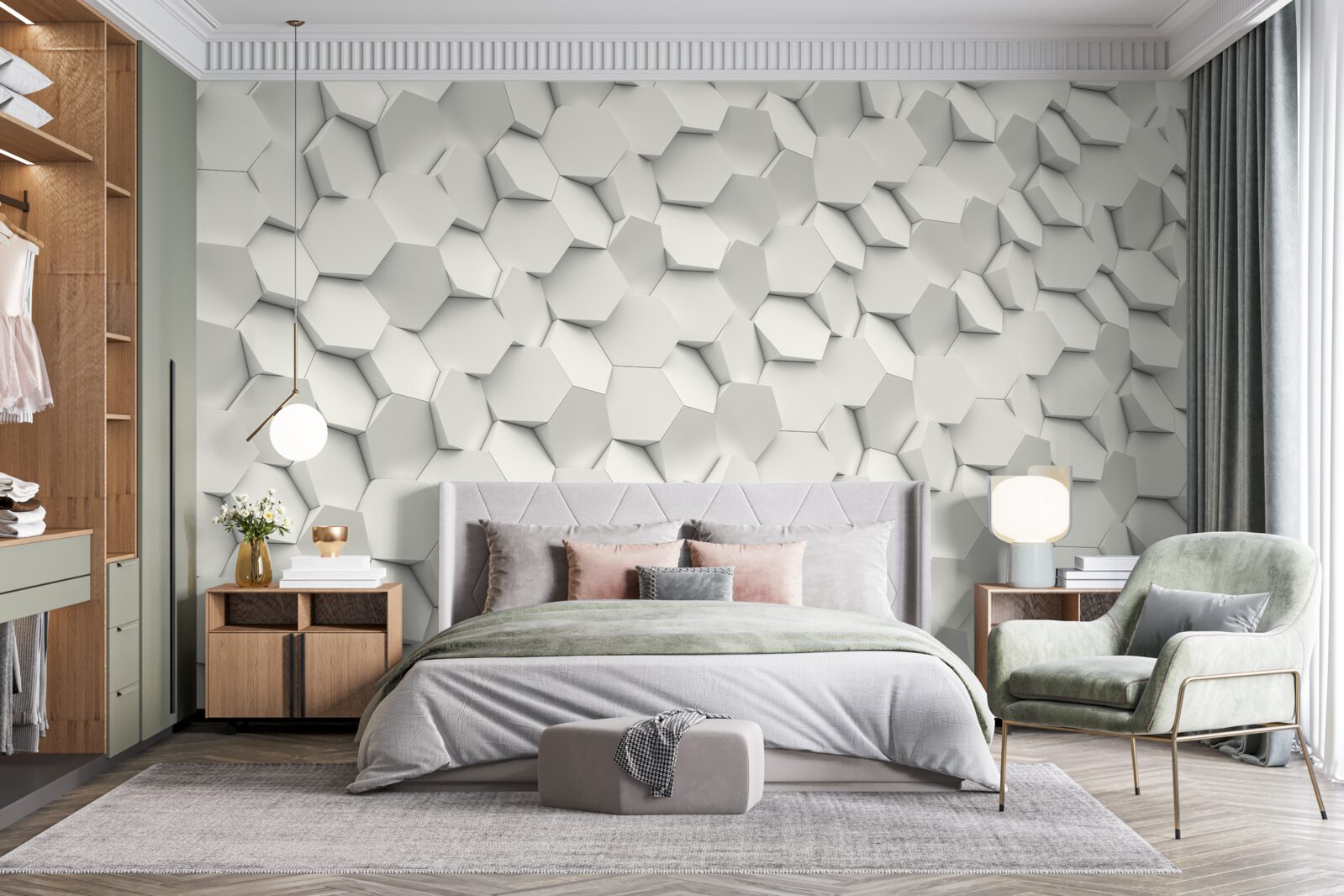 Fototapet hexagoane albe și gri cu volum