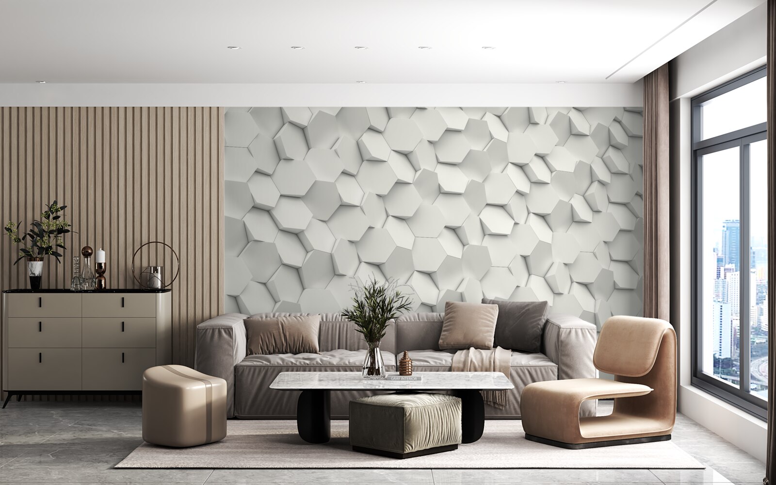 Fototapet hexagoane albe și gri cu volum