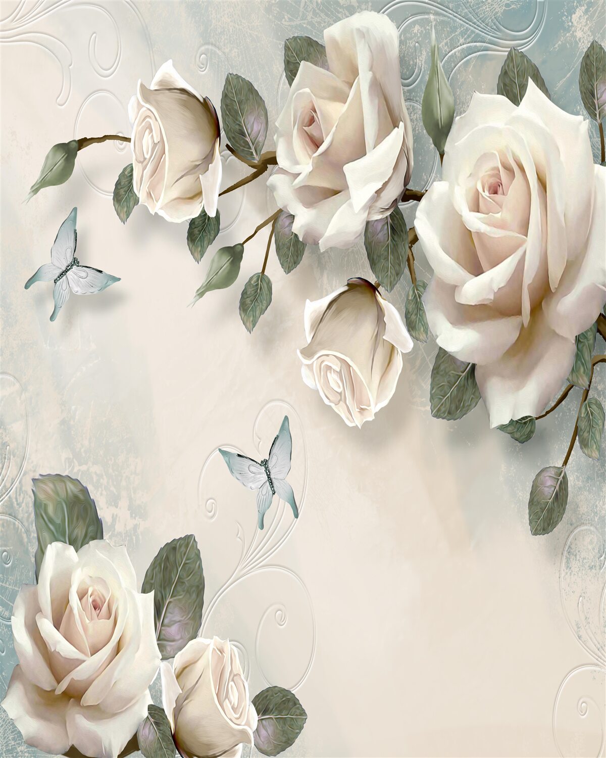 Fototapet ramuri ale unei tufe mari de trandafiri crem