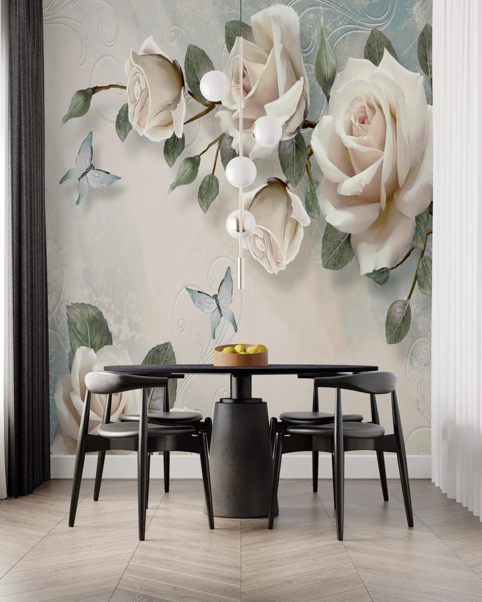 Fototapet ramuri ale unei tufe mari de trandafiri crem