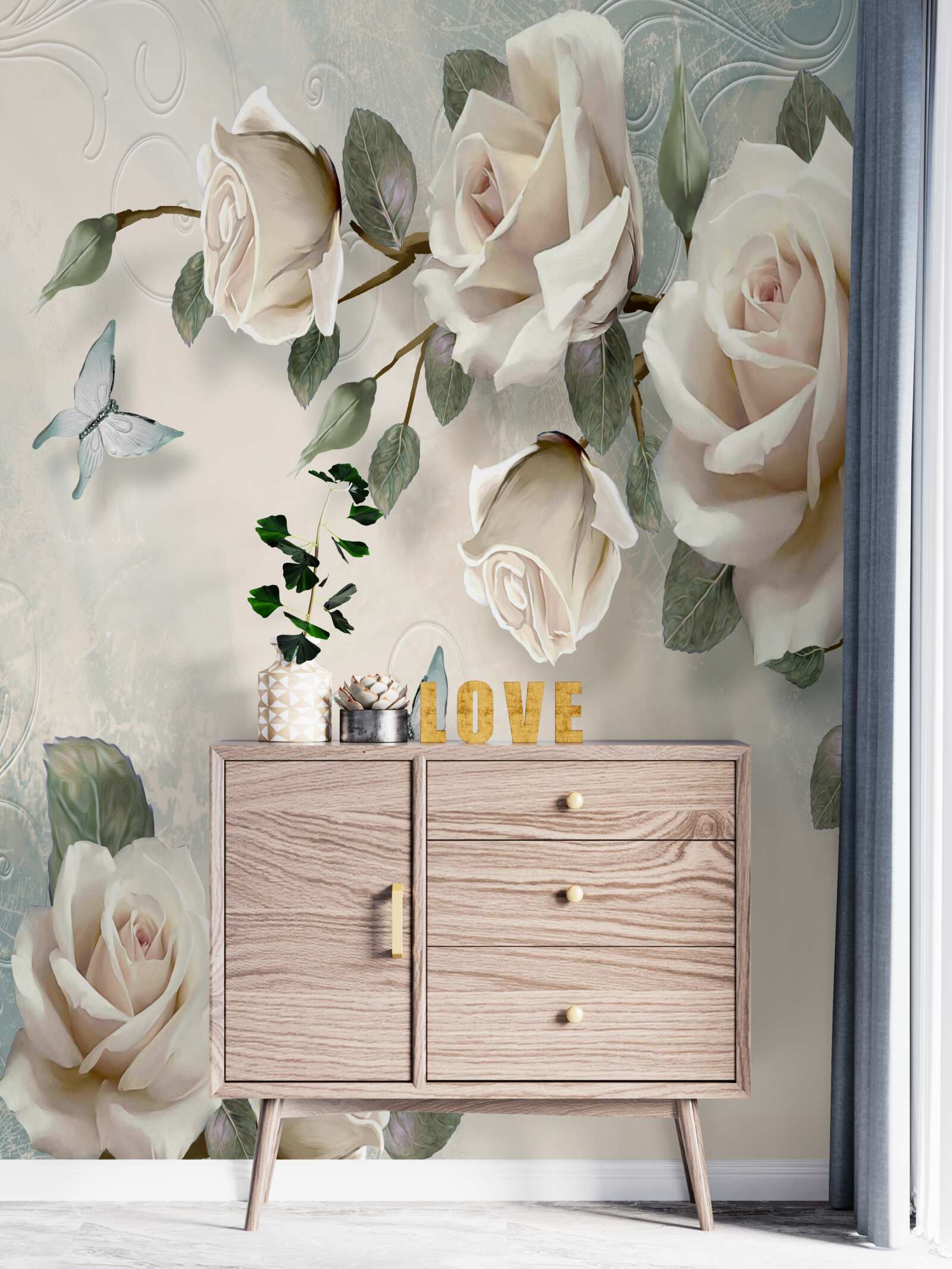 Fototapet ramuri ale unei tufe mari de trandafiri crem