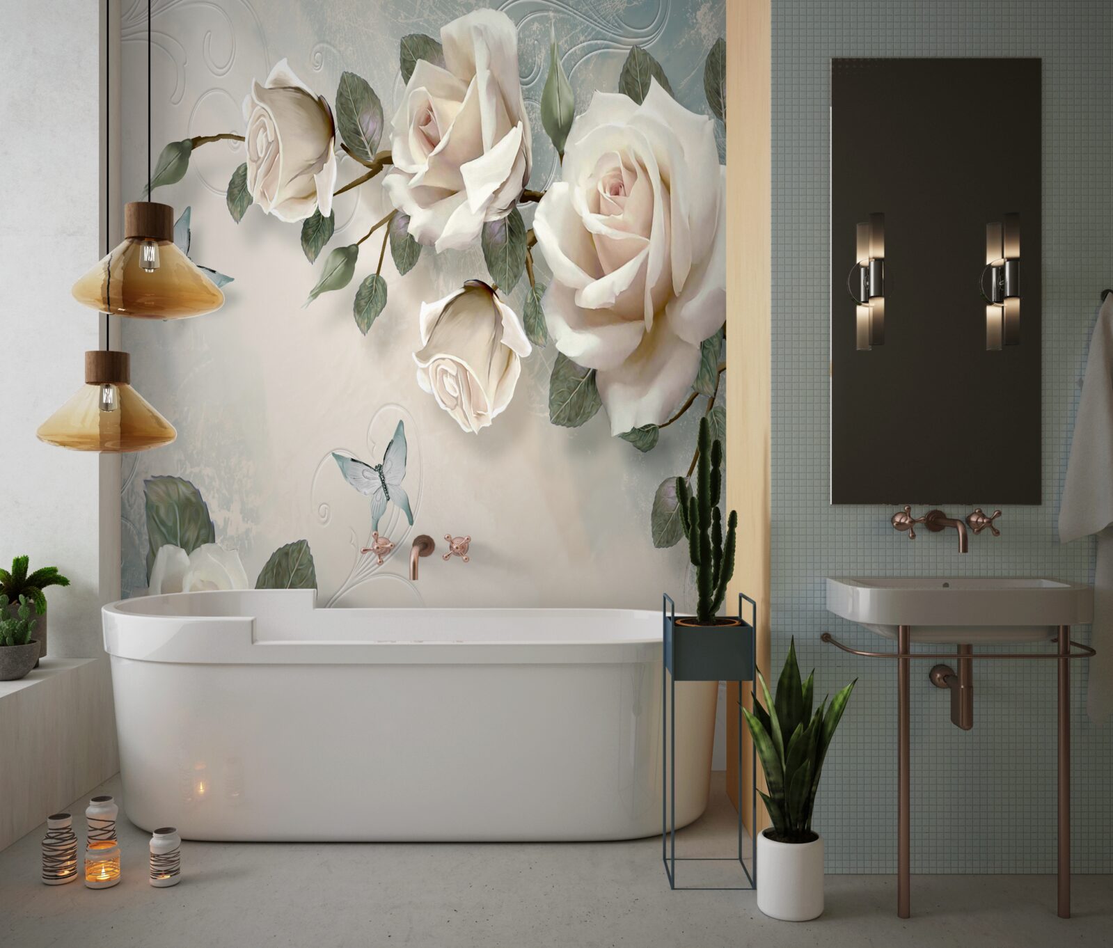 Fototapet ramuri ale unei tufe mari de trandafiri crem