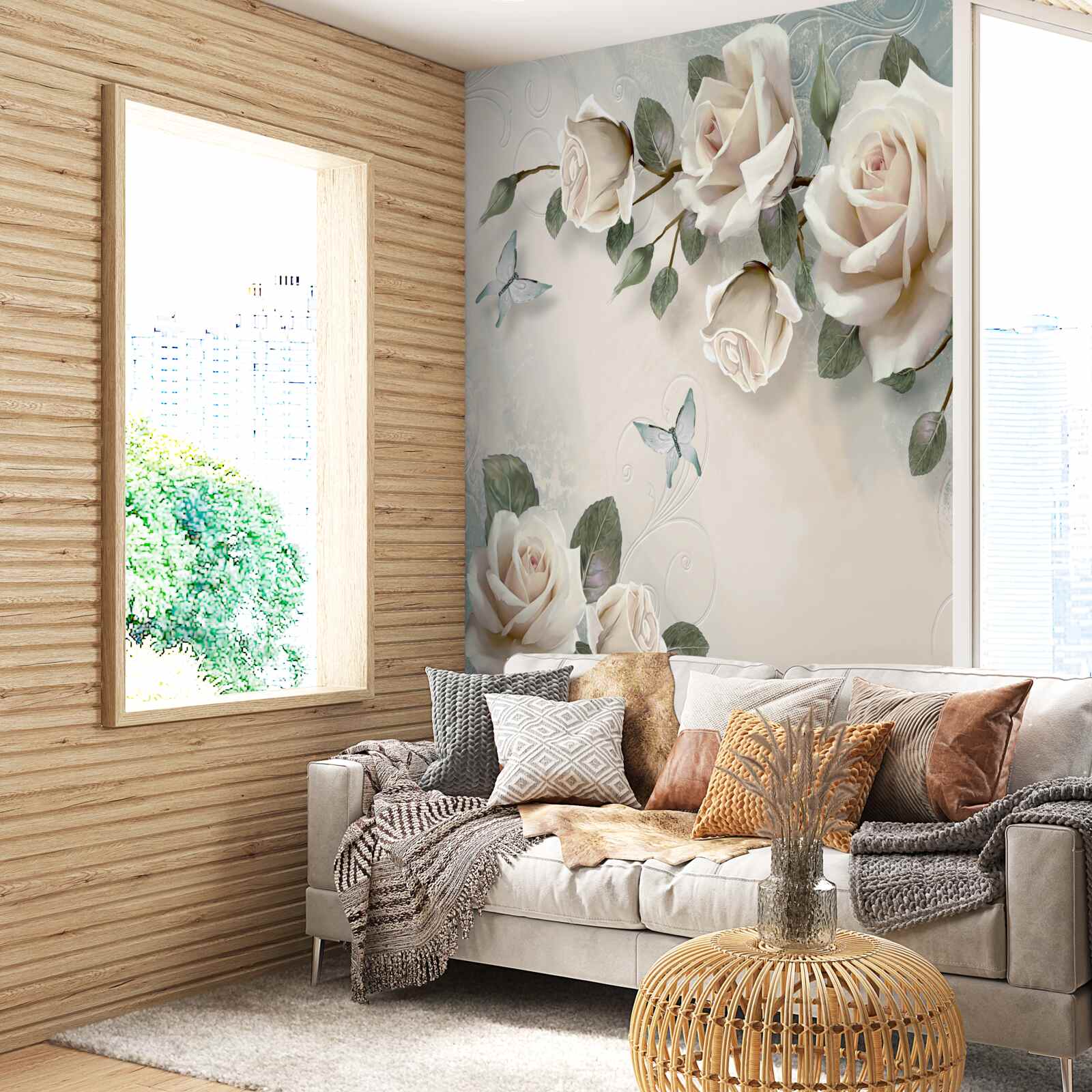 Fototapet ramuri ale unei tufe mari de trandafiri crem