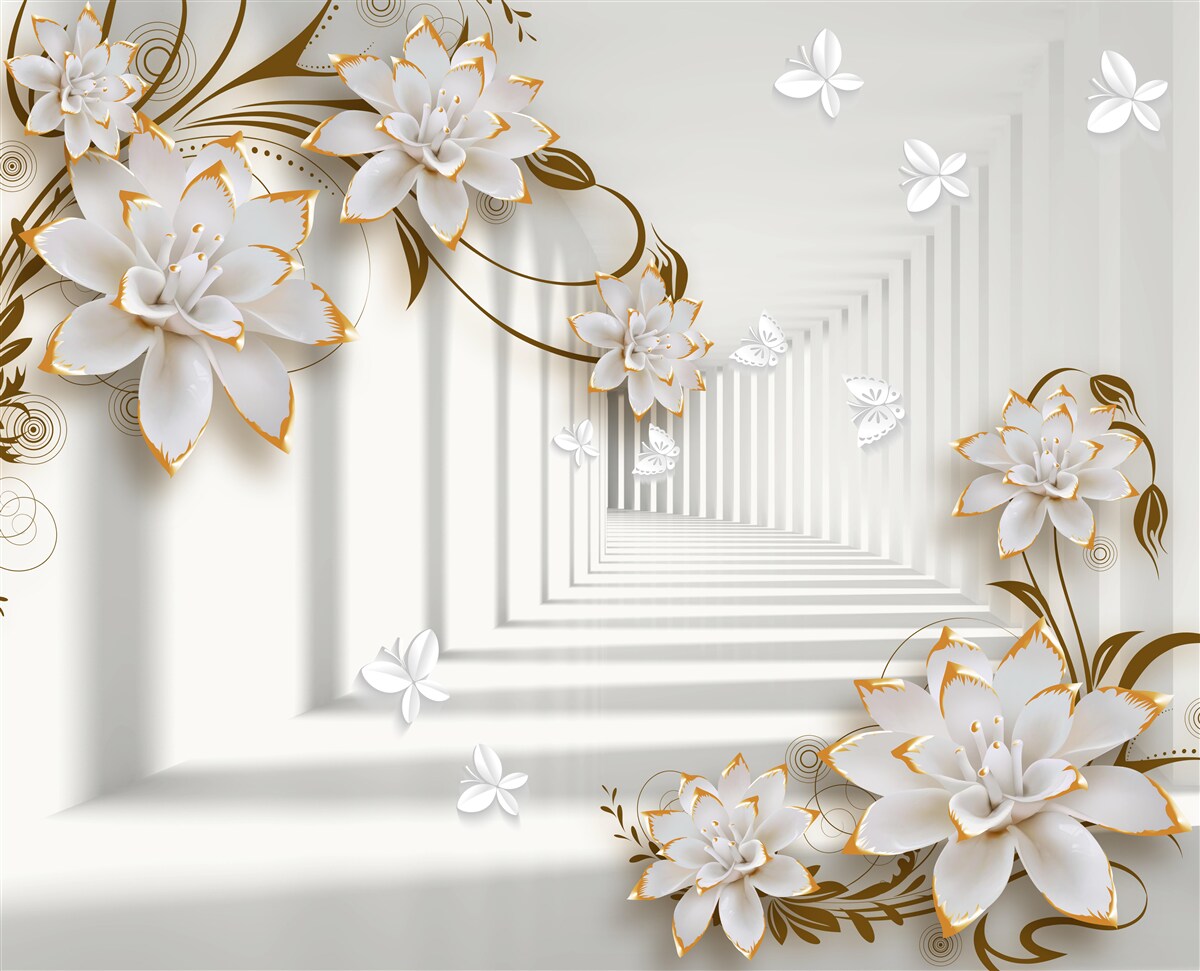 Fototapet pe fundalul coridorului, un lotus alb într-o ramă aurie
