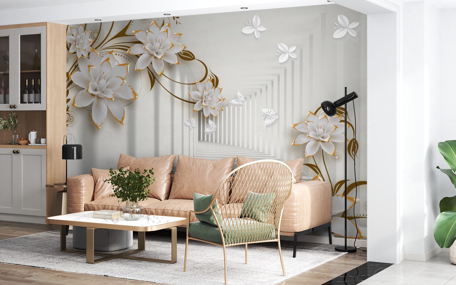 Fototapet pe fundalul coridorului, un lotus alb într-o ramă aurie