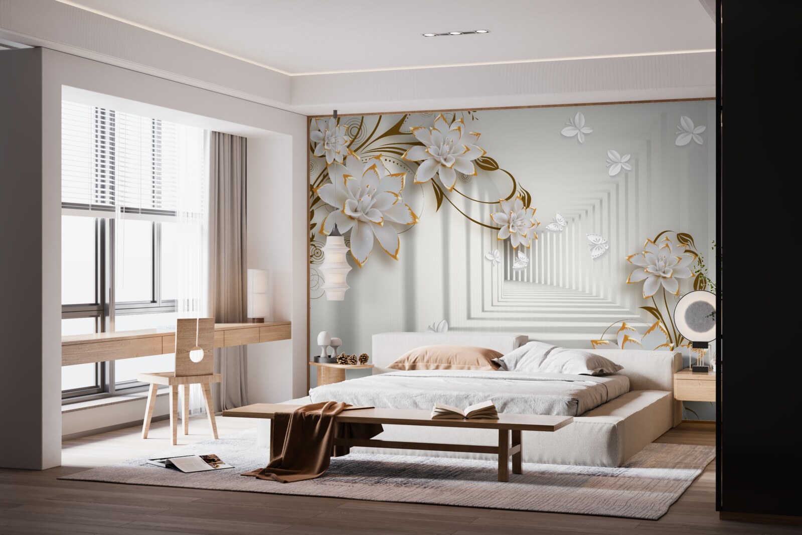 Fototapet pe fundalul coridorului, un lotus alb într-o ramă aurie