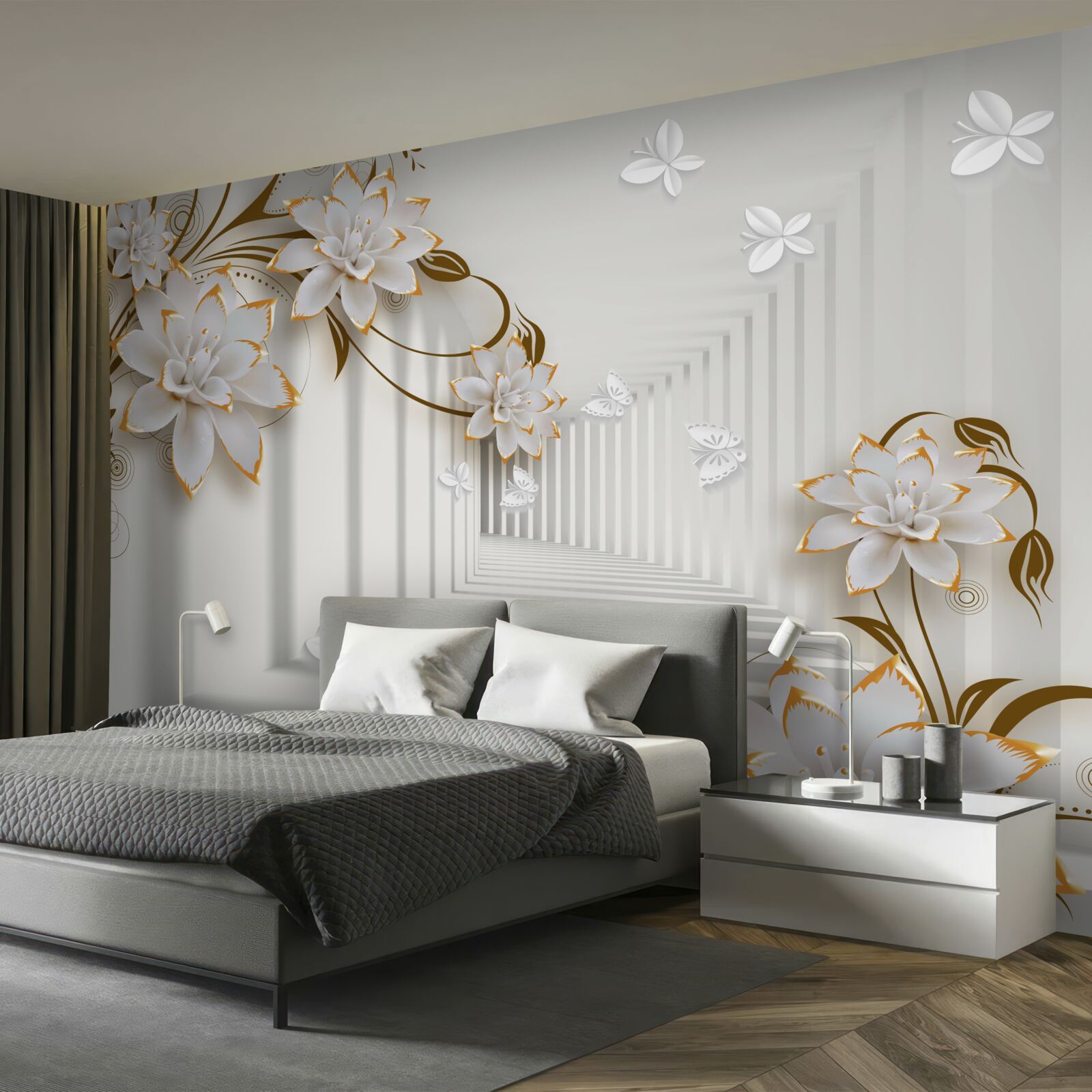 Fototapet pe fundalul coridorului, un lotus alb într-o ramă aurie