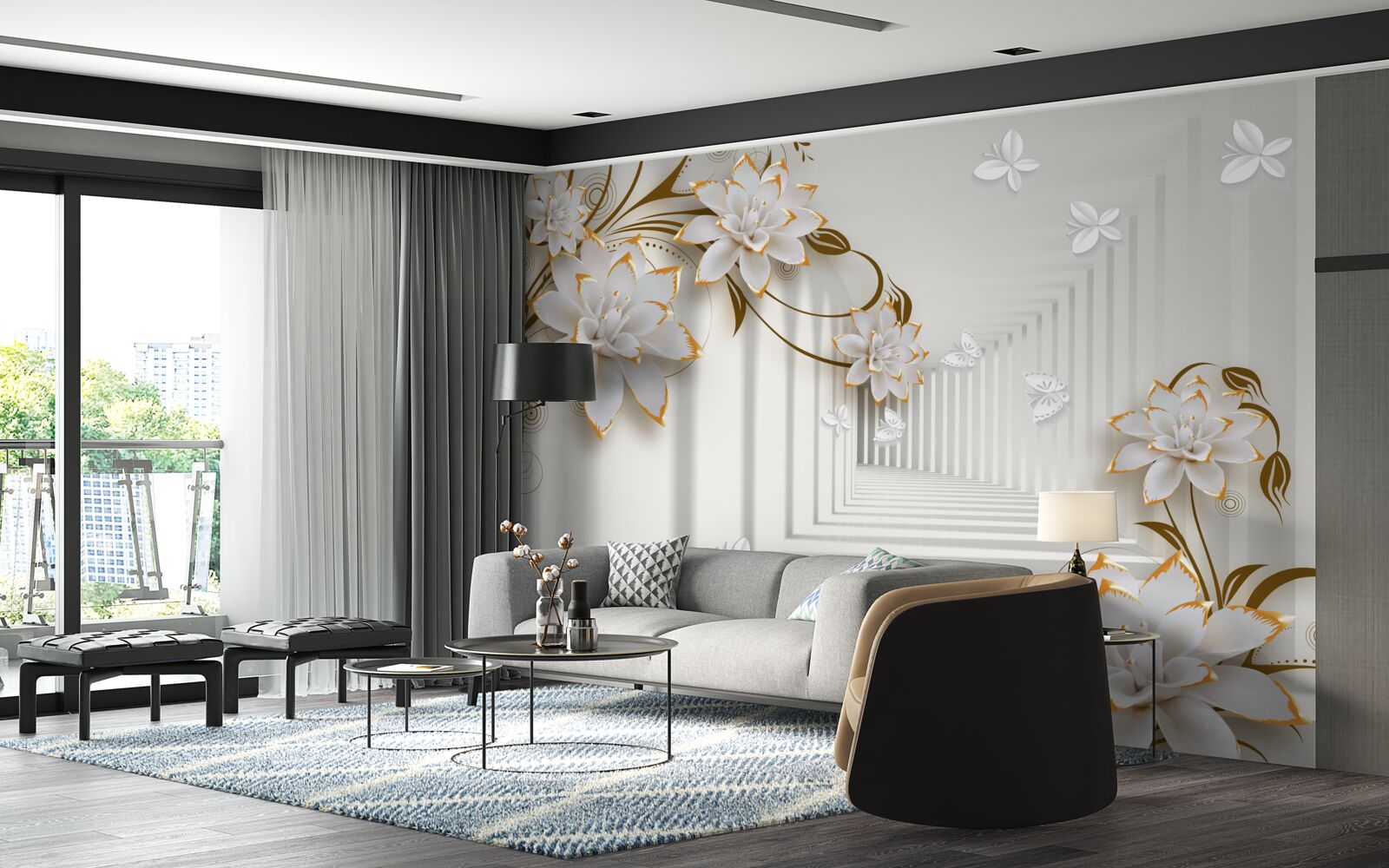 Fototapet pe fundalul coridorului, un lotus alb într-o ramă aurie