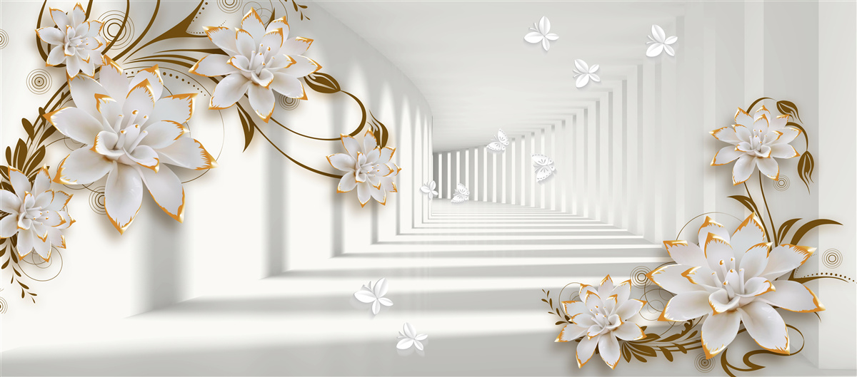 Fototapet lotusuri albe pe un fundal abstract, decorate cu aur