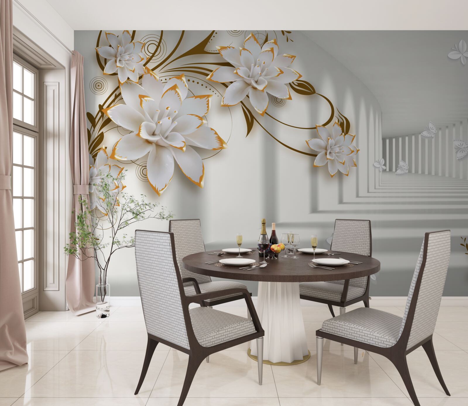 Fototapet lotusuri albe pe un fundal abstract, decorate cu aur