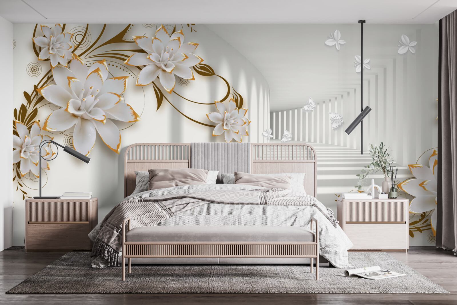 Fototapet lotusuri albe pe un fundal abstract, decorate cu aur