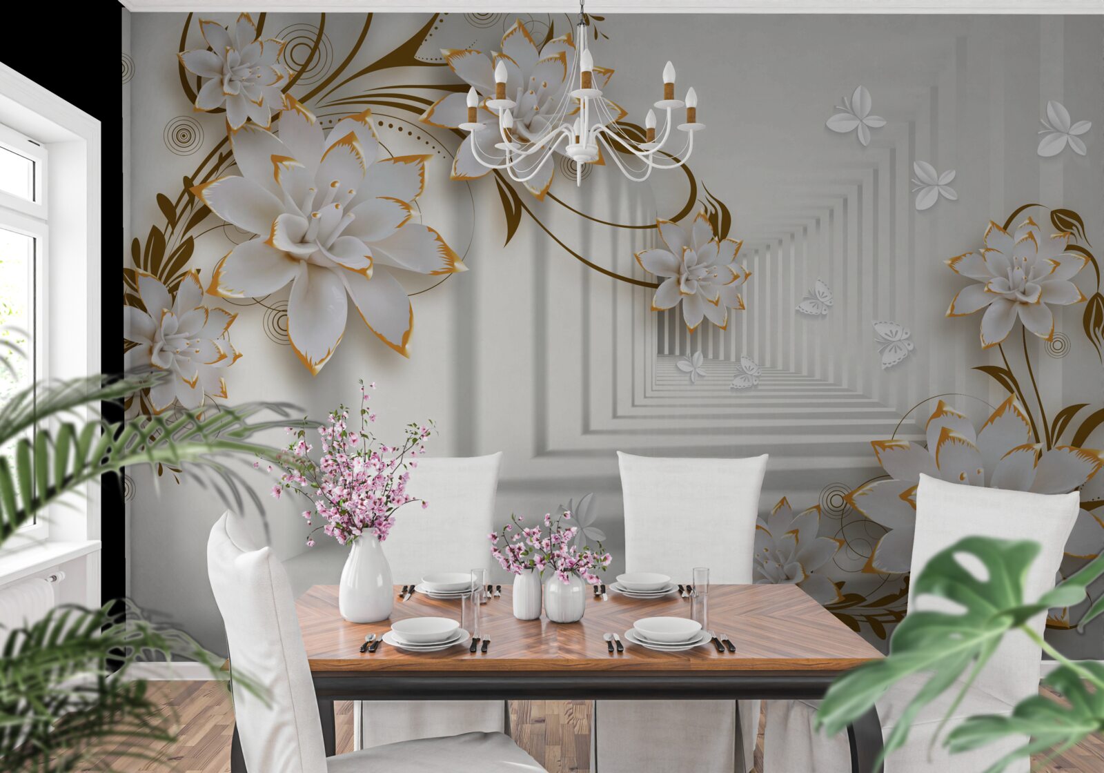 Fototapet coridor de abstracție și lotuși de aur