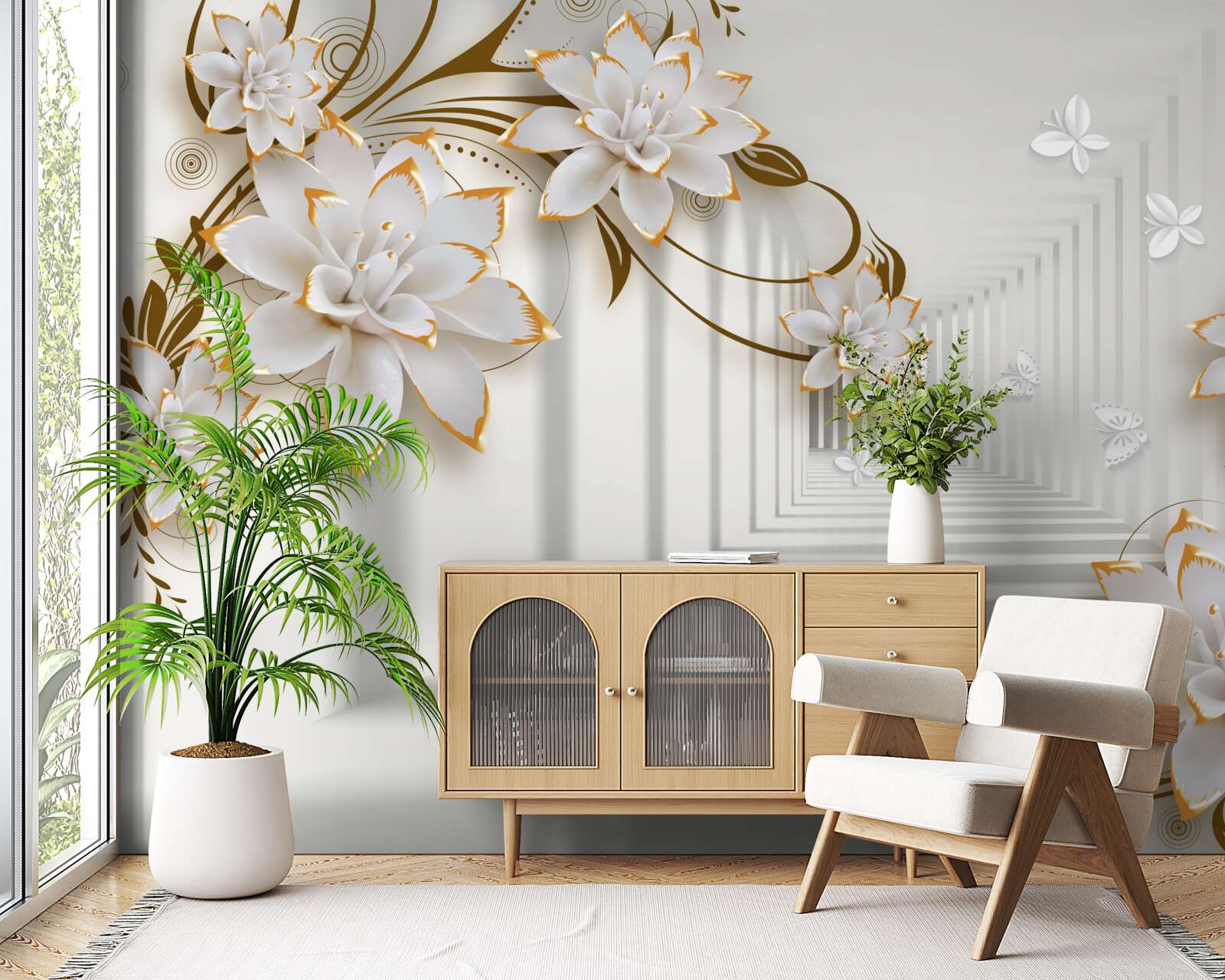 Fototapet coridor de abstracție și lotuși de aur