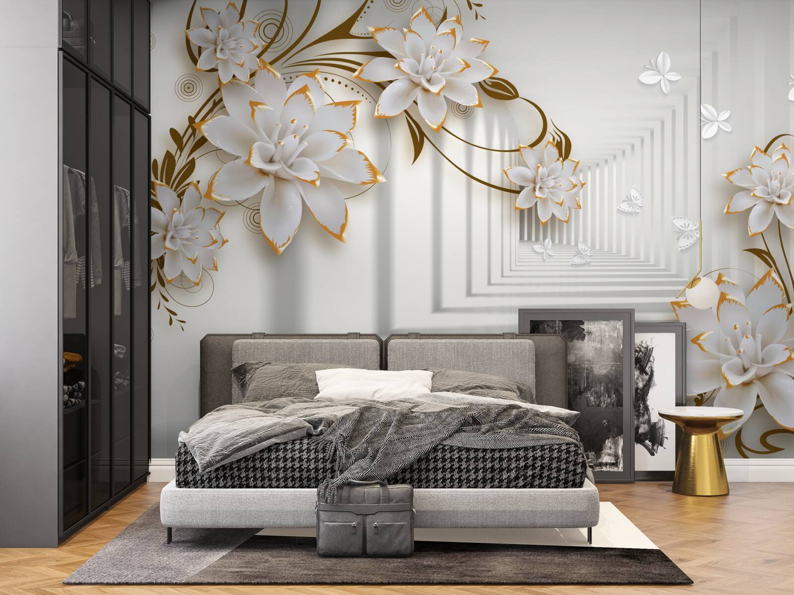 Fototapet coridor de abstracție și lotuși de aur