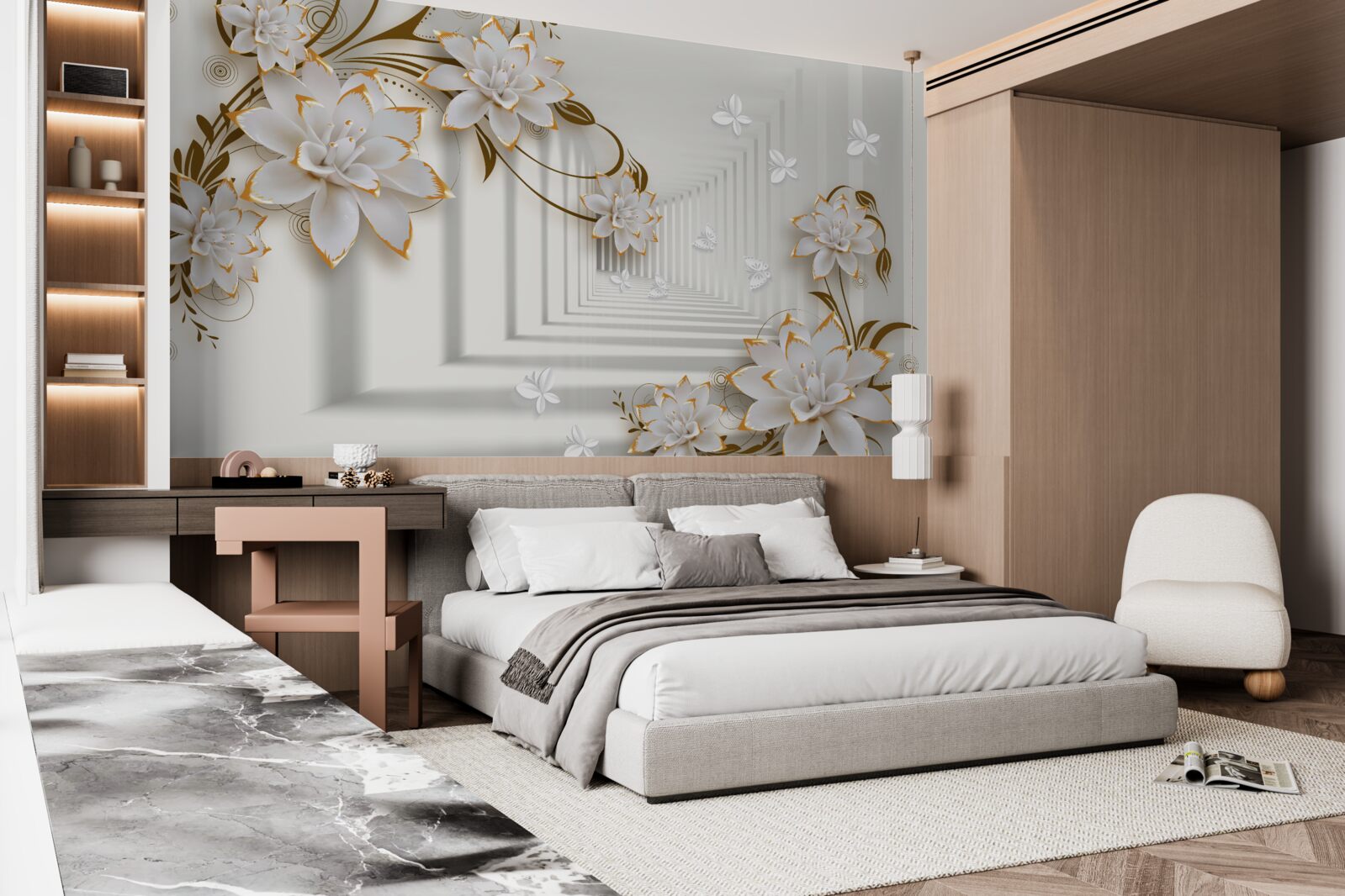 Fototapet coridor de abstracție și lotuși de aur