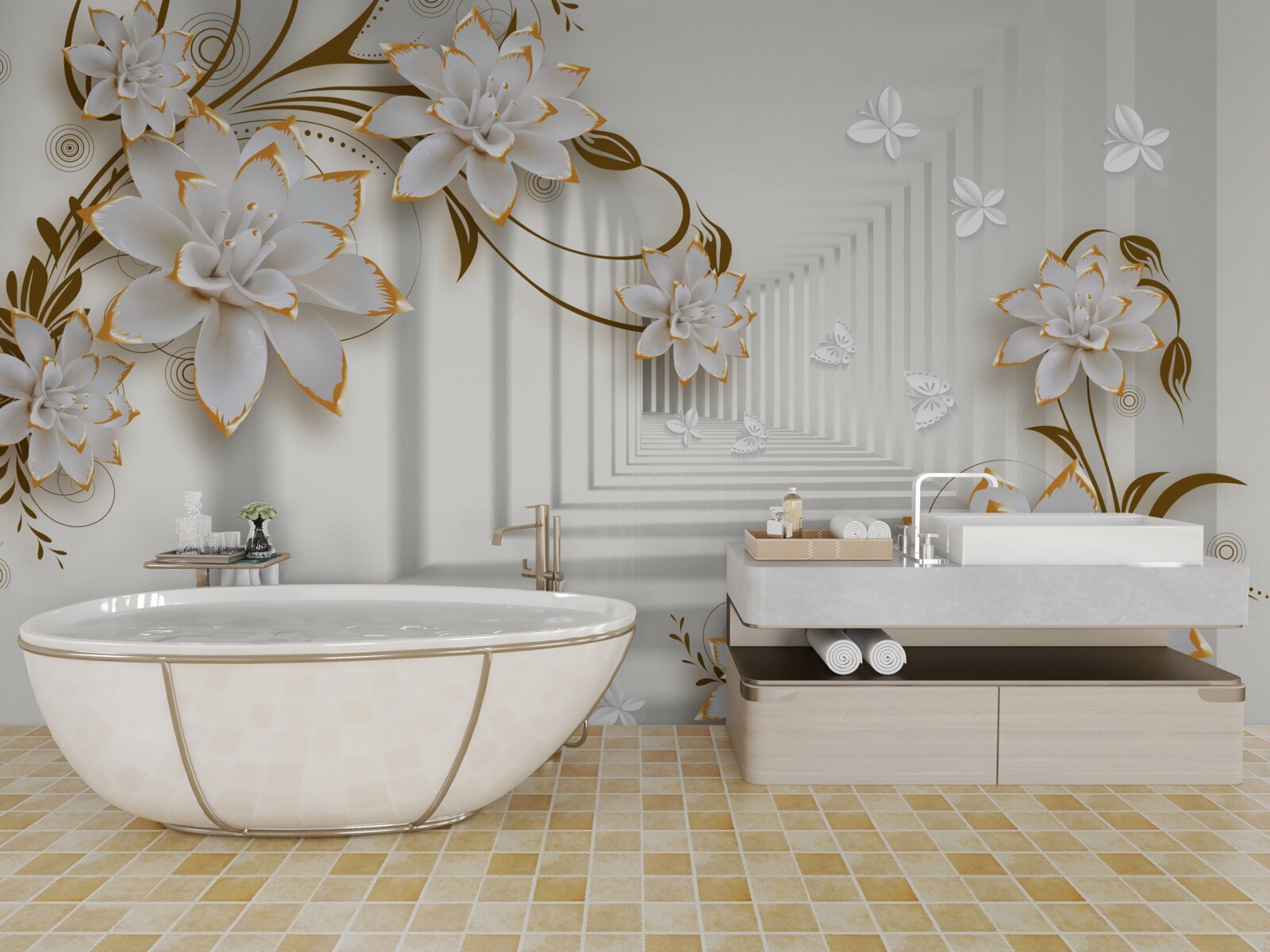 Fototapet coridor de abstracție și lotuși de aur