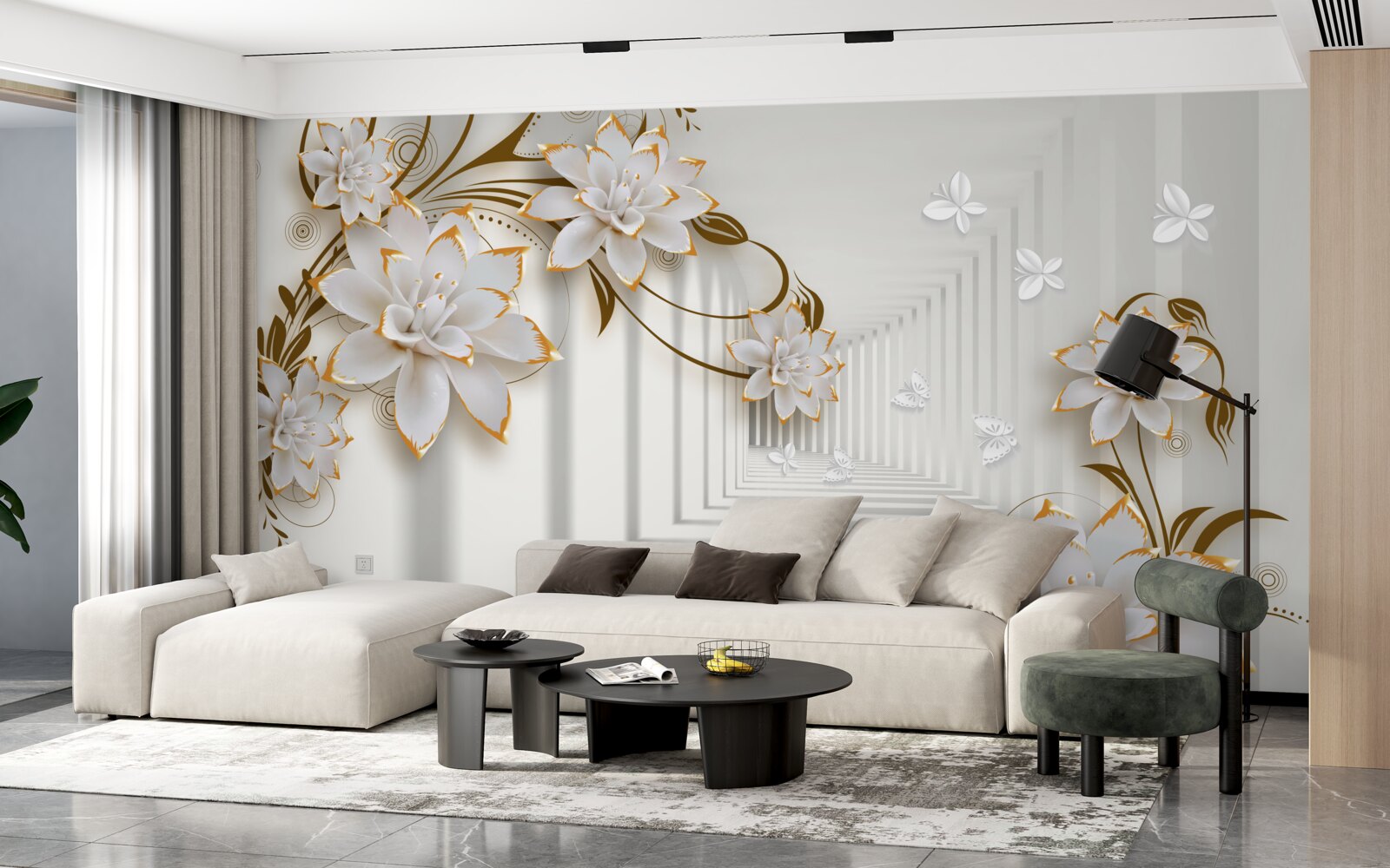 Fototapet coridor de abstracție și lotuși de aur