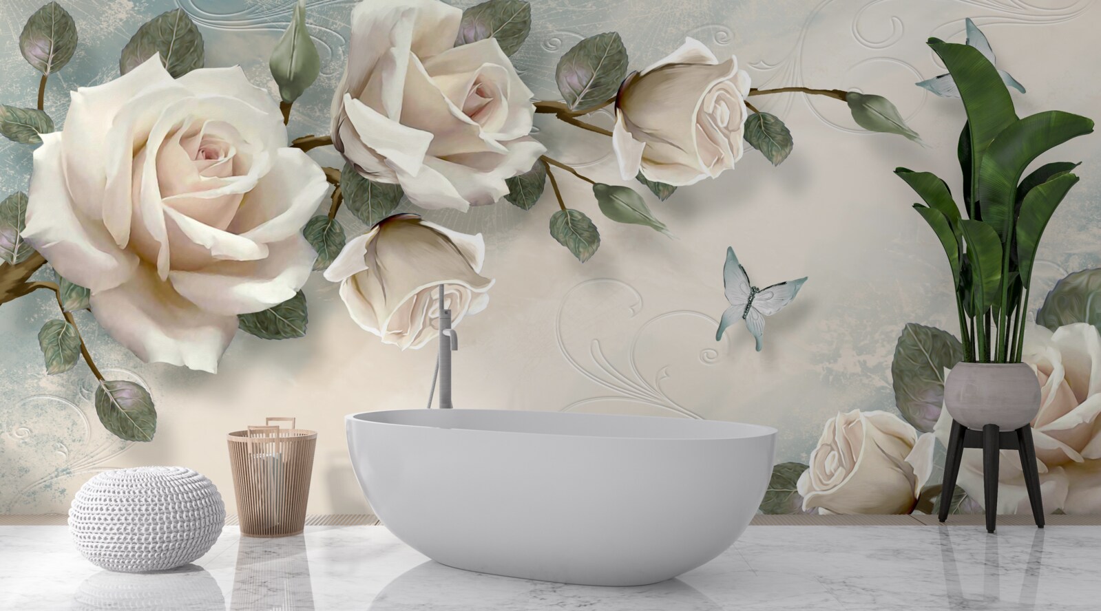 Fototapet fluturi zburând pe lângă ramurile unui trandafir crem