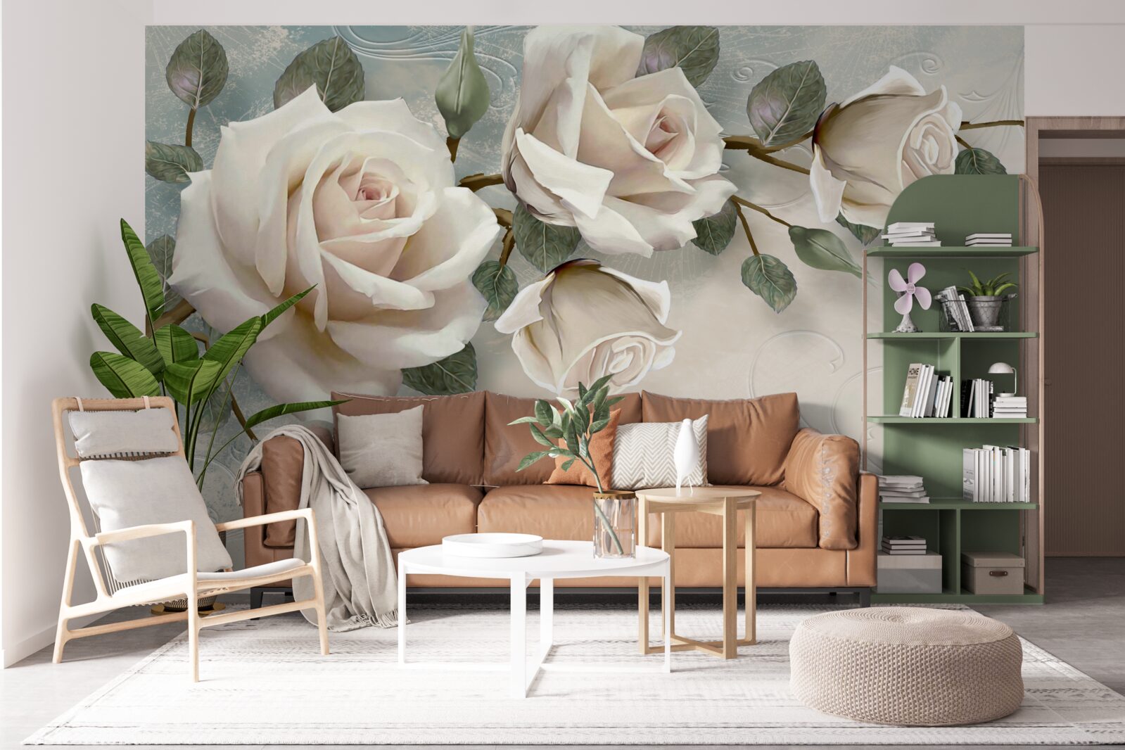 Fototapet fluturi zburând pe lângă ramurile unui trandafir crem