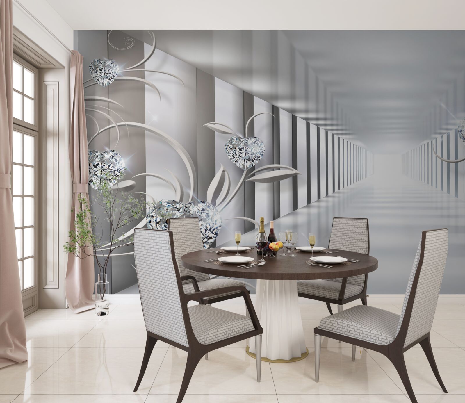 Fototapet un coridor nesfârșit, luminat de lumini strălucitoare și decorațiuni florale