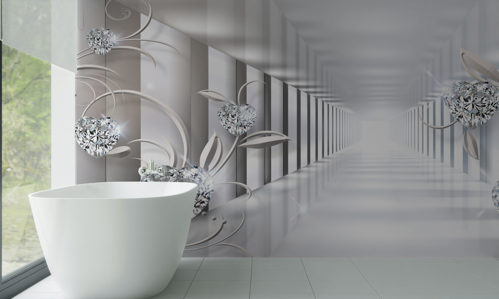 Fototapet un coridor nesfârșit, luminat de lumini strălucitoare și decorațiuni florale