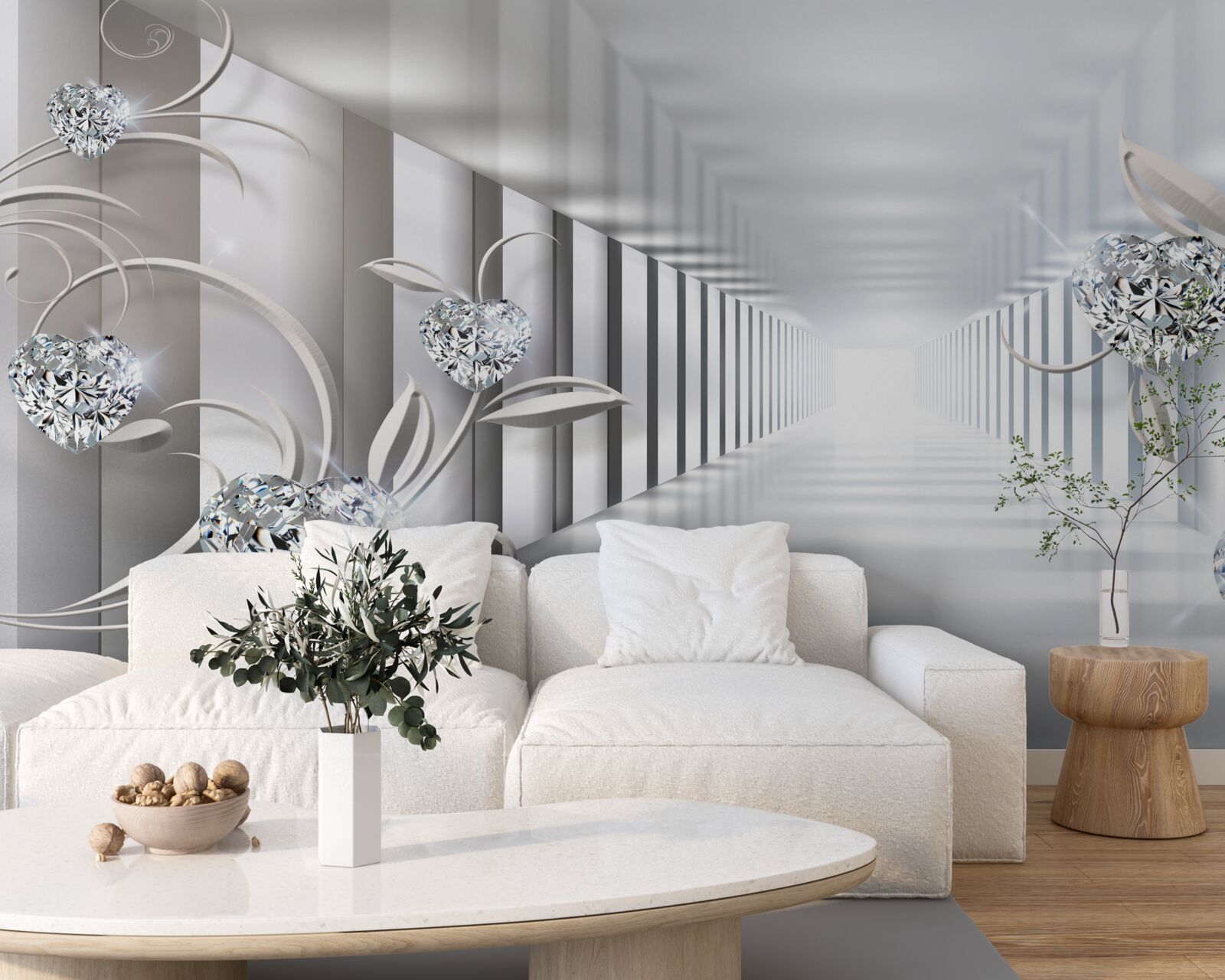 Fototapet un coridor nesfârșit, luminat de lumini strălucitoare și decorațiuni florale