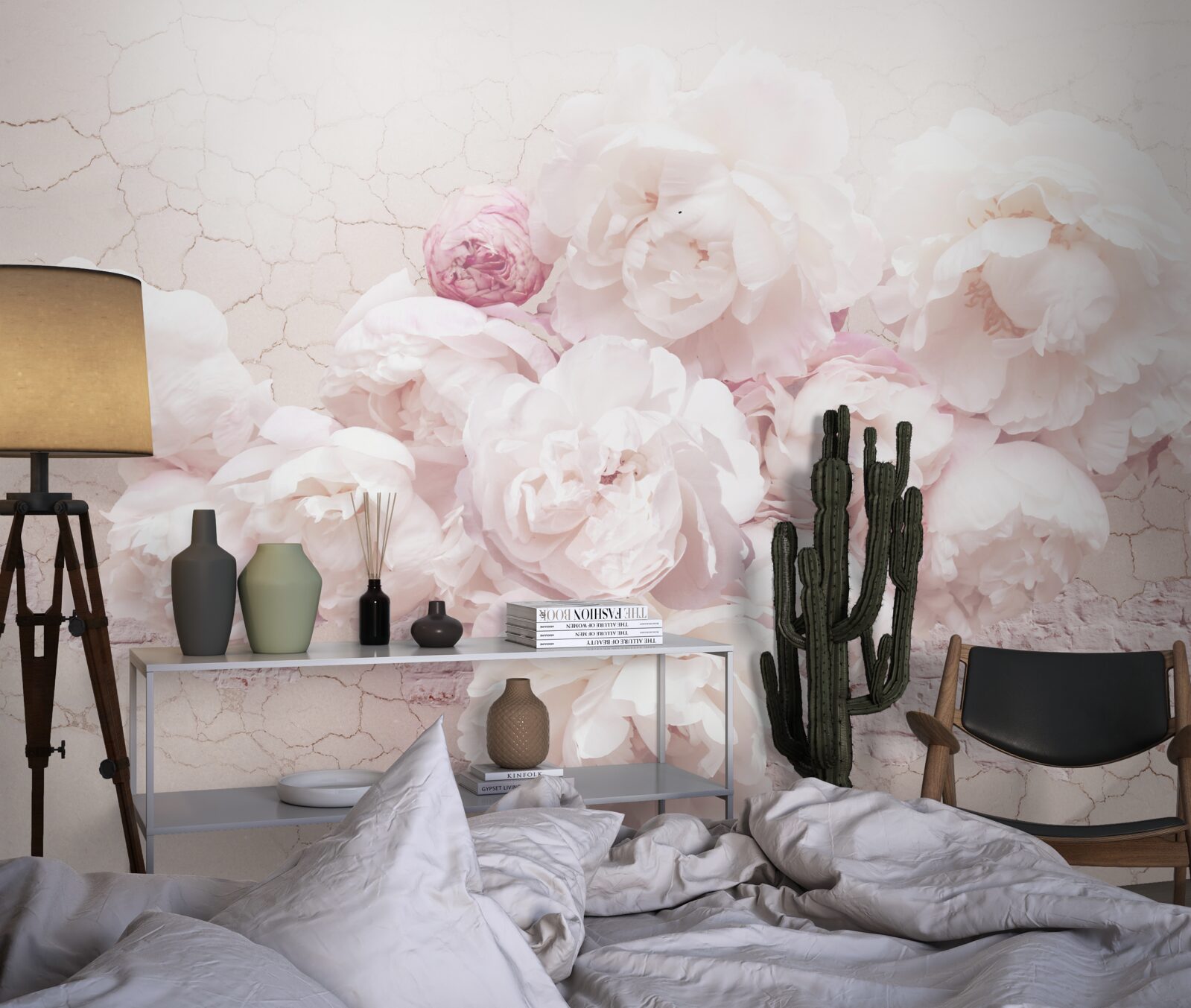 Fototapet buticuri luxuriante cu flori pe un fundal stâncos