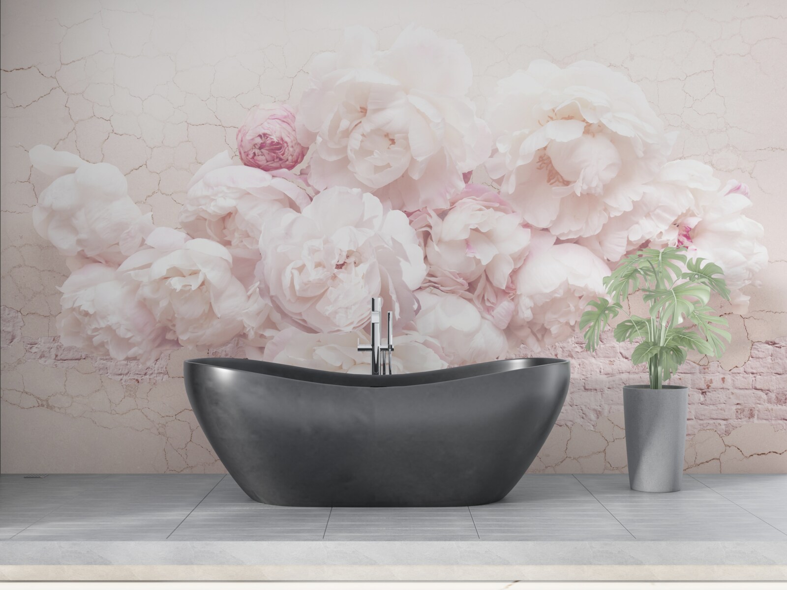 Fototapet buticuri luxuriante cu flori pe un fundal stâncos