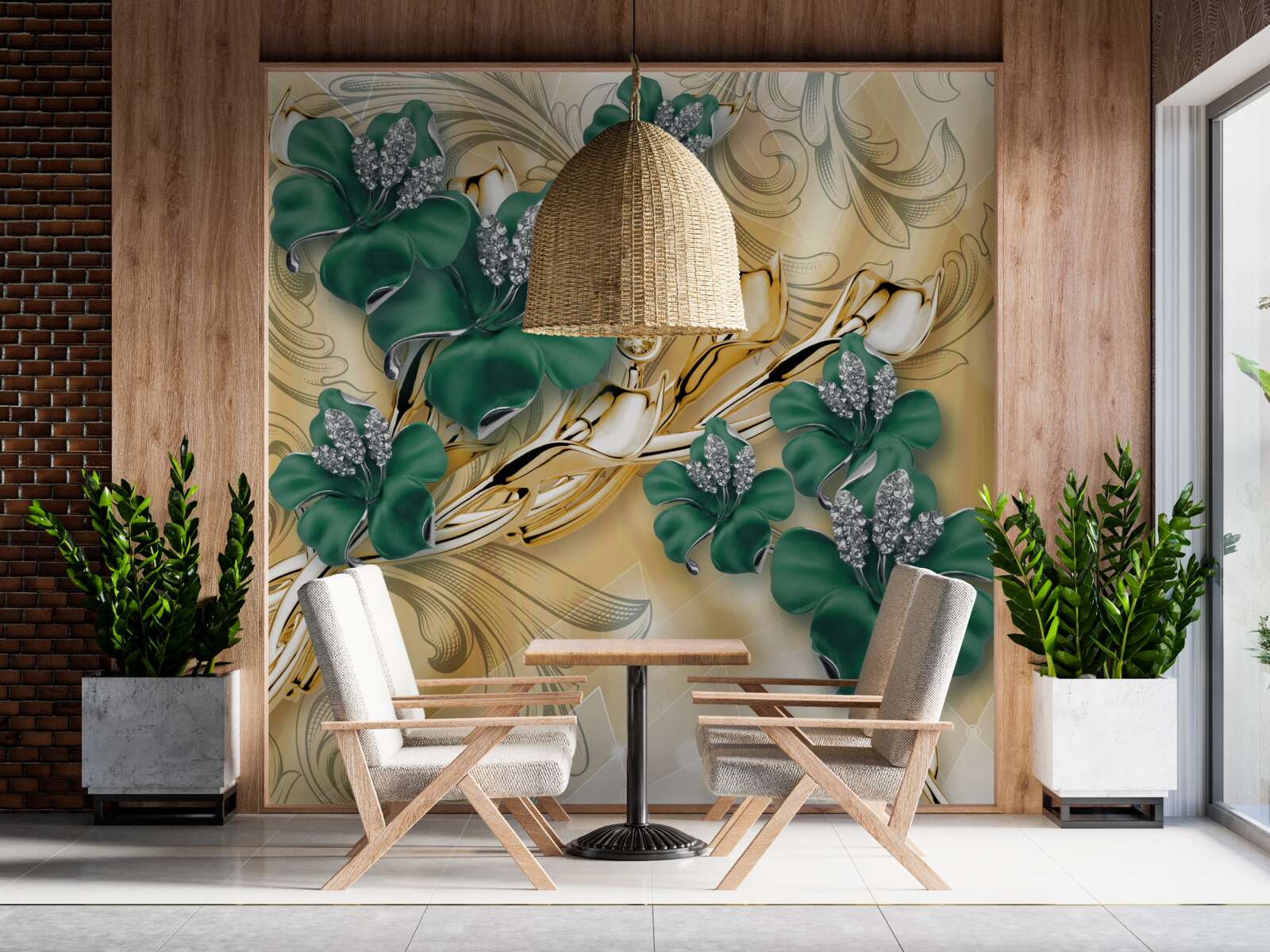 Fototapet flori de smarald strălucesc într-un decor de aur