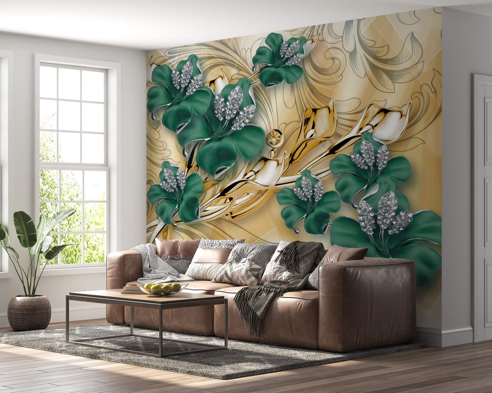 Fototapet flori de smarald strălucesc într-un decor de aur