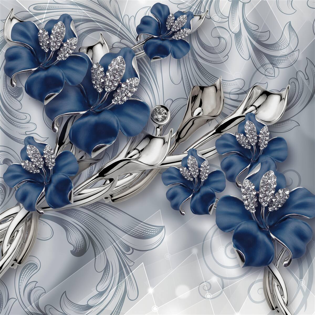 Fototapet flori albastre cu ramuri aurii și elemente de piatră