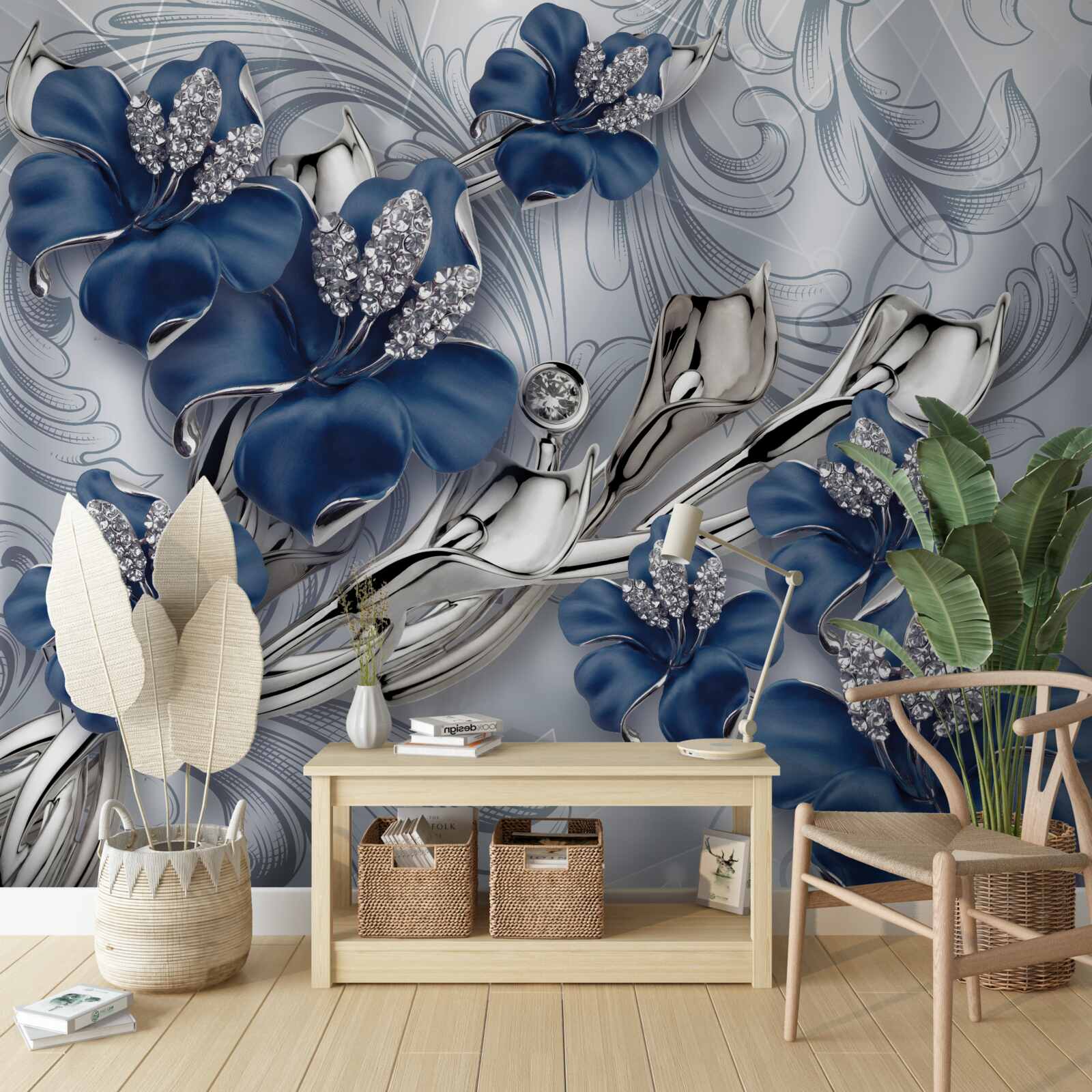 Fototapet flori albastre cu ramuri aurii și elemente de piatră